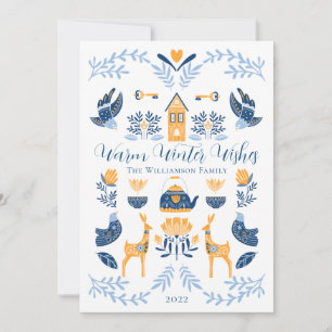 Hygge Blauw   Gele Unieke Warme Winterwensen Feestdagenkaart