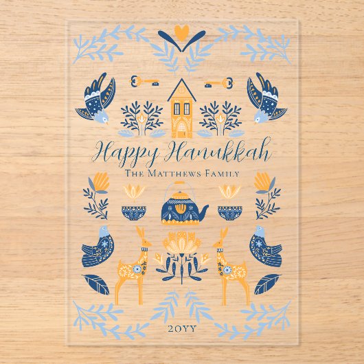 Hygge Blue | Gele unieke Happy Hanukkah Acryl Uitnodigingen (Voorkant)