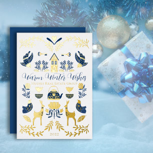 Hygge Blue Gele unieke winterwijken Folie Feestdagenkaart