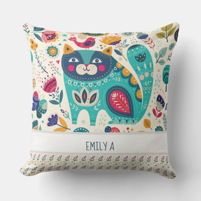 Hygge Decor Gepersonaliseerde Kat Folk Art Gift Kussen (Voorkant)