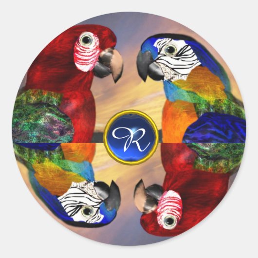 HYPER PARROTS/RED EN BLAUWE ARA GEMSTONE MONOGRAM RONDE STICKER (Voorkant)