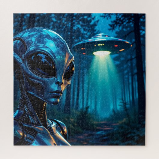 Hyper Realistic Alien en UFO in het bos Legpuzzel (Verticaal)