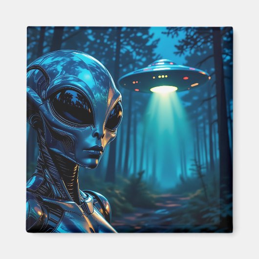 Hyper Realistic Alien en UFO in het bos Magneet (Voorkant)