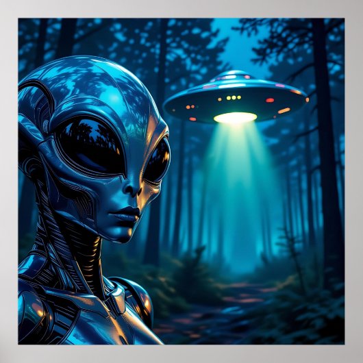 Hyper Realistic Alien en UFO in het bos Poster (Voorkant)