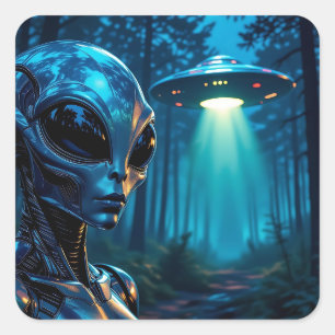 Hyper Realistic Alien en UFO in het bos Vierkante Sticker