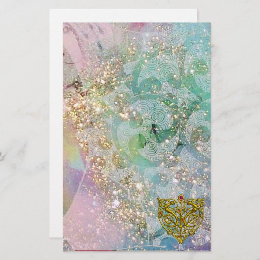 HYPER VALENTIJN / GOLD CELTIC HEART, Blue Sparkles Briefpapier (Voorkant / Achterkant)