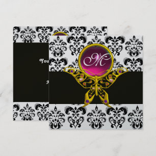 HYPER VLINDER MONOGRAM, zwart wit damast, roze Kaart