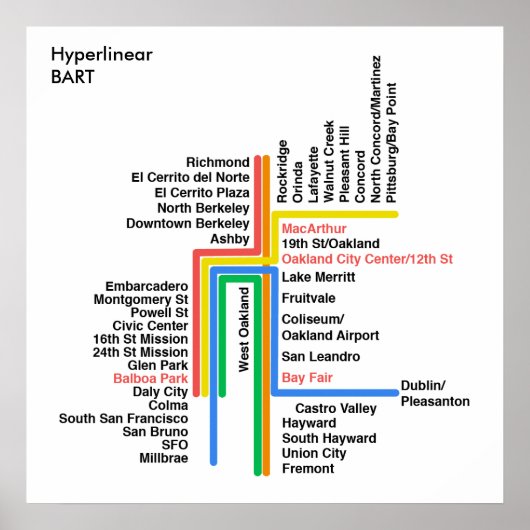 Hyperlineaire kaart BART (wit, label) Poster (Voorkant)