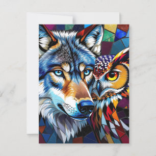Hyperrealistische mozaïek van wolf en uil briefkaart
