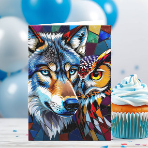 Hyperrealistische Wolf en Uil Gelukkige Verjaard Kaart