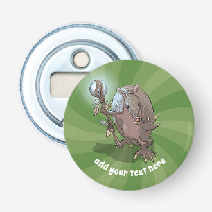 Hypnotic Mystic Shaman & Staff Cartoon Armadillo Button Flesopener
