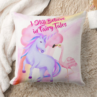 I Believe in Fairytales Unicorn Rainbow Flamingo Kussen