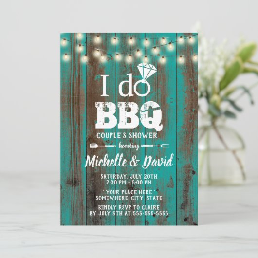I DO BBQ Couples Shower Rustic Blauwgroen Barn Woo Kaart (Staand voorkant)