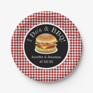I Do BBQ en Red Gingham Hamburger Casual bruiloft Papieren Bordje