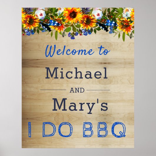 I DO BBQ Floral Wood Monogram Verloving Welkom Poster (Voorkant)