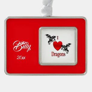 I Hart Draken Naam en Datum Verzilverd Kader Ornament