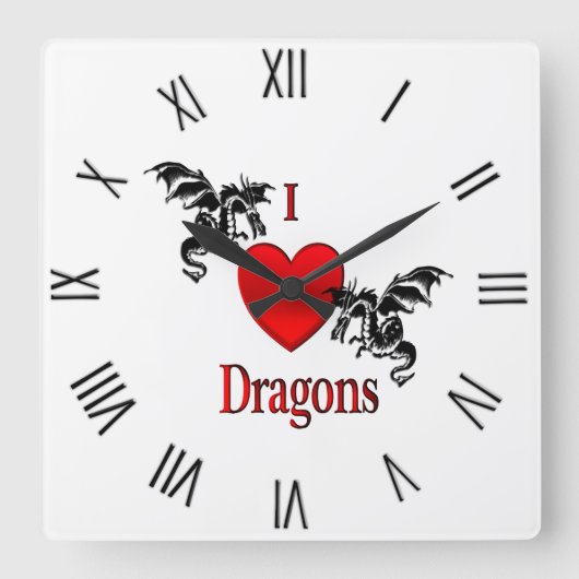 I Heart Dragons Black Roman Numerals Vierkante Klok (Voorkant)