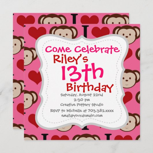 I Heart Monkey Pink I Love Monkeys Invitations (Devant / Derrière)