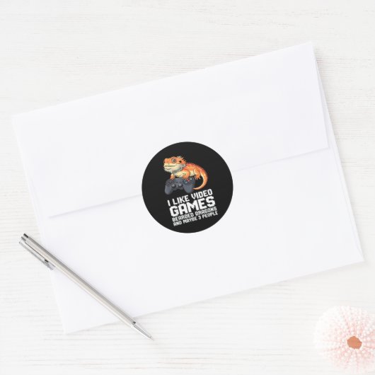 I Like Video Games Bearded Dragon Gamer Introvert  Ronde Sticker (Envelop)