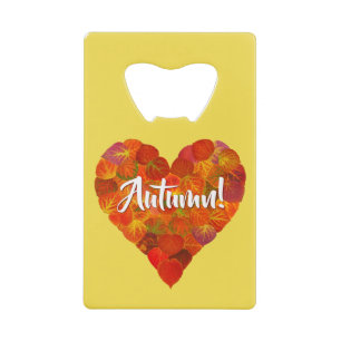I Love Autumn, Bold—Red Aspen Leaf Heart 1 Kredietkaart Flessenopener