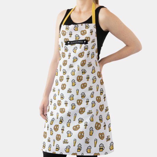 I Love Beer Mustache and Pretzels Pattern Name Schort (Insitu)
