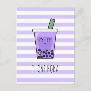 I Love Boba Kawaii Bubble Tea Taro Ube Paars Briefkaart