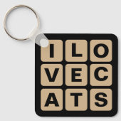 I Love Cats Tan en Black Letter Blocks Button Sleutelhanger (Voorkant)