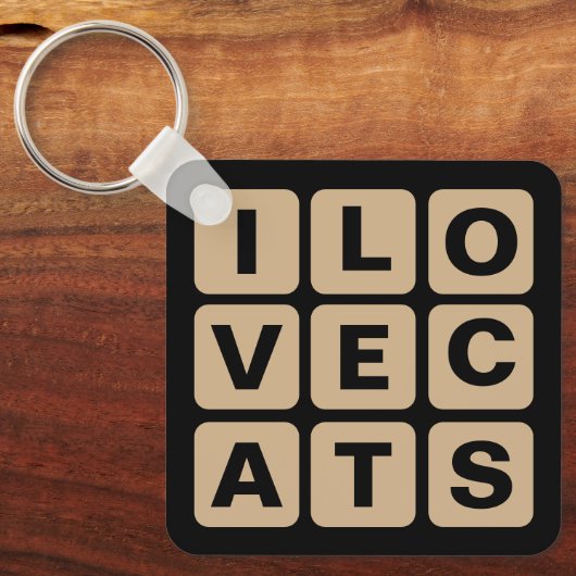 I Love Cats Tan en Black Letter Blocks Button Sleutelhanger (Voorkant)
