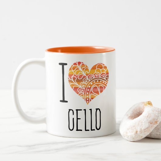 I Love Cello Oranje Mandala Heart Tweekleurige Koffiemok (Met donut)