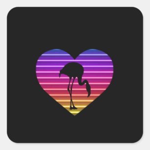 I Love Flamingos 80s Retro Heart Sunset Vierkante Sticker