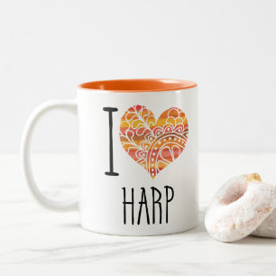 I Love Harp Oranje Mandala Heart Tweekleurige Koffiemok