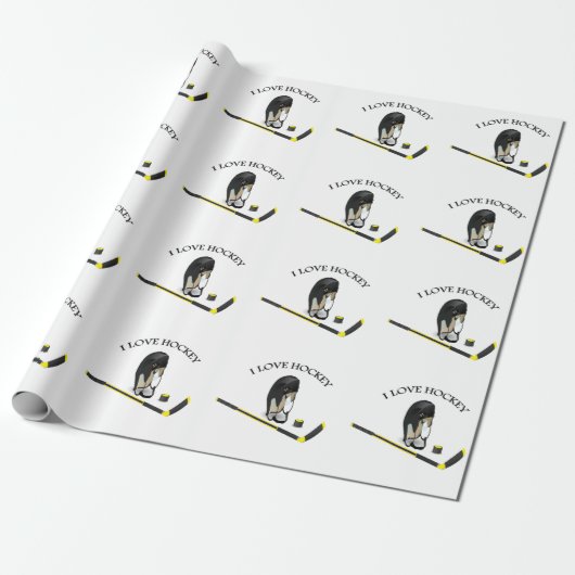 I Love hockey design with stick and helm Cadeaupapier (Uitgerold)