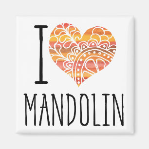 I Love Mandolin Oranje Mandala Heart Magneet