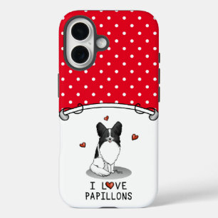 I Love Papillons (white & black) Hearts Dogs Cute iPhone 16 Hoesje
