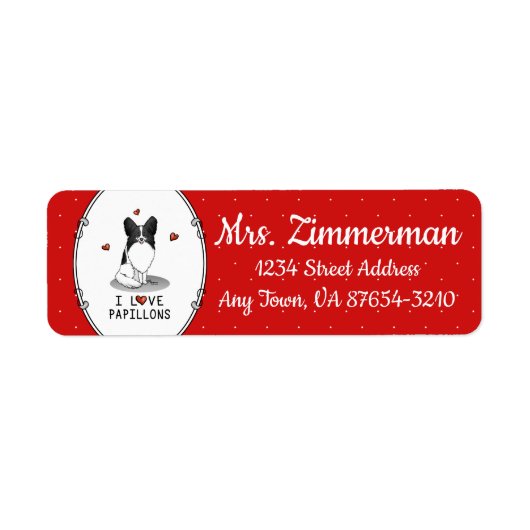 I Love Papillons (white & black) Hearts Dogs Cute Etiket (Voorkant)