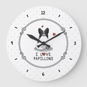 I Love Papillons (white & black) Hearts Dogs Cute Grote Klok