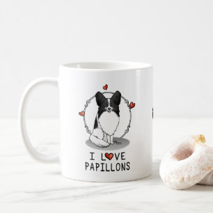 I Love Papillons (white & black) Hearts Dogs Cute Koffiemok