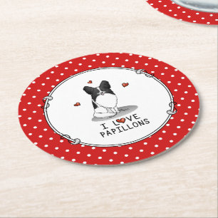 I Love Papillons (white & black) Hearts Dogs Cute Ronde Kartonnen Onderzetter