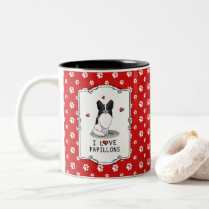 I Love Papillons (white & black) Hearts Dogs Cute Tweekleurige Koffiemok