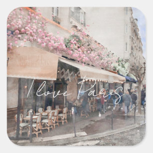 I Love Paris Cafe Scène de rue Sticker Carré