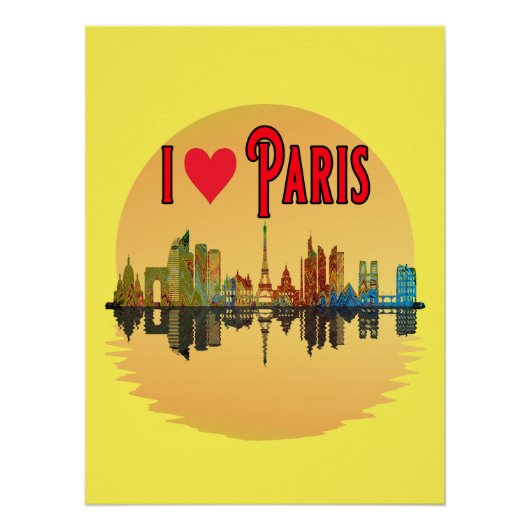 I Love Paris Skyline Sunset Wall Art Poster (Devant)