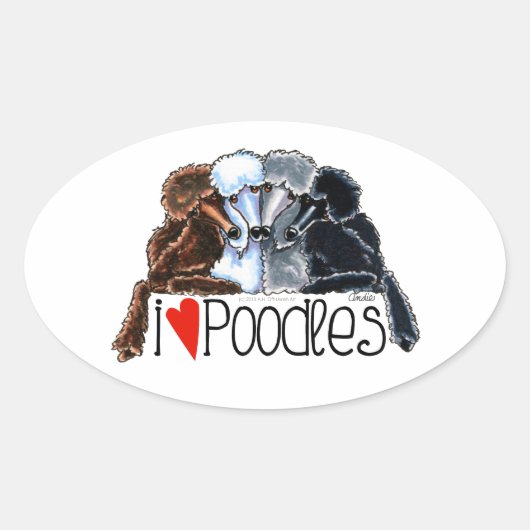 I Love Poodles Ovale Sticker (Voorkant)