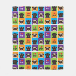 I Love Pugs Color Square Fleece Blanket II Deken
