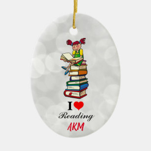 I Love Reading Books Monogramed Keramisch Ornament