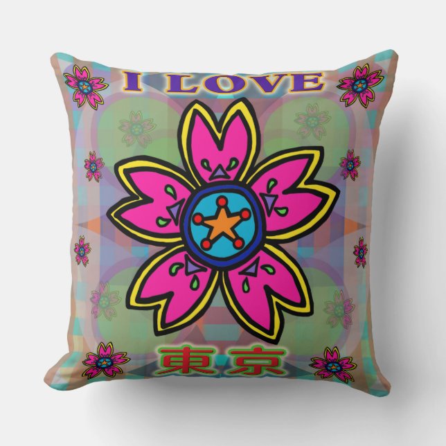 "I LOVE TOKYO" Fleurs Kanji Coussin (Recto)