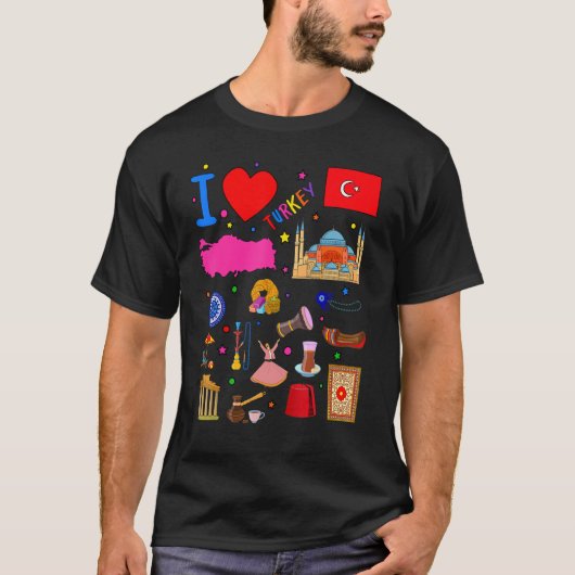 I love Turkey  Hand drawn Turkish Landmarks  flag  T-shirt (Voorkant)
