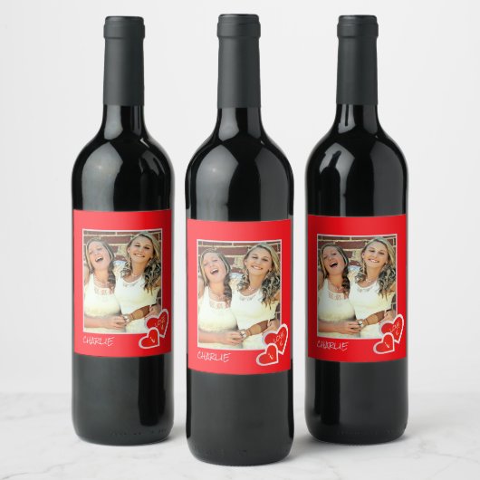 I Love U, Cute Hearts - Custom Photo Personised Wijn Etiket (Flessen)
