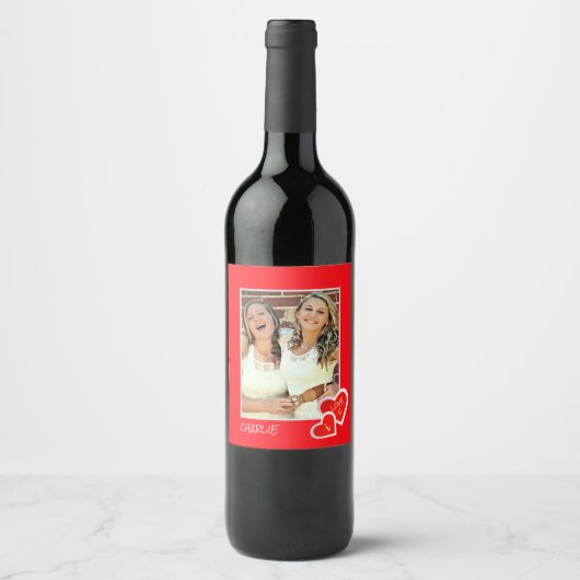 I Love U, Cute Hearts - Custom Photo Personised Wijn Etiket (Voorkant)