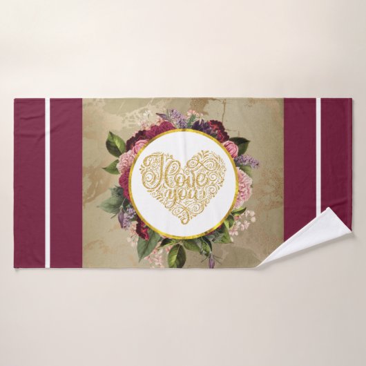 I Love You Fancy Golden Heart with Floral Frame (Serviette de bain)