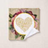 I Love You Fancy Golden Heart with Floral Frame (Gant de toilette)